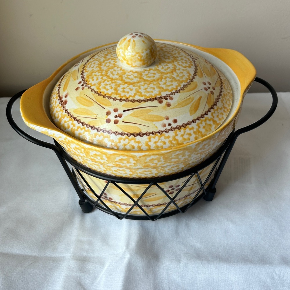 Yellow Floral Temptations Ceramic Casserole Dish with Metal Holder
